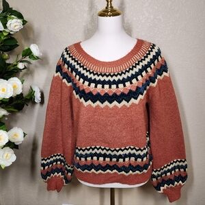 Sweet Rain Fair Isle Knit Sweater XL Rust Orange Metallic Gold Nordic